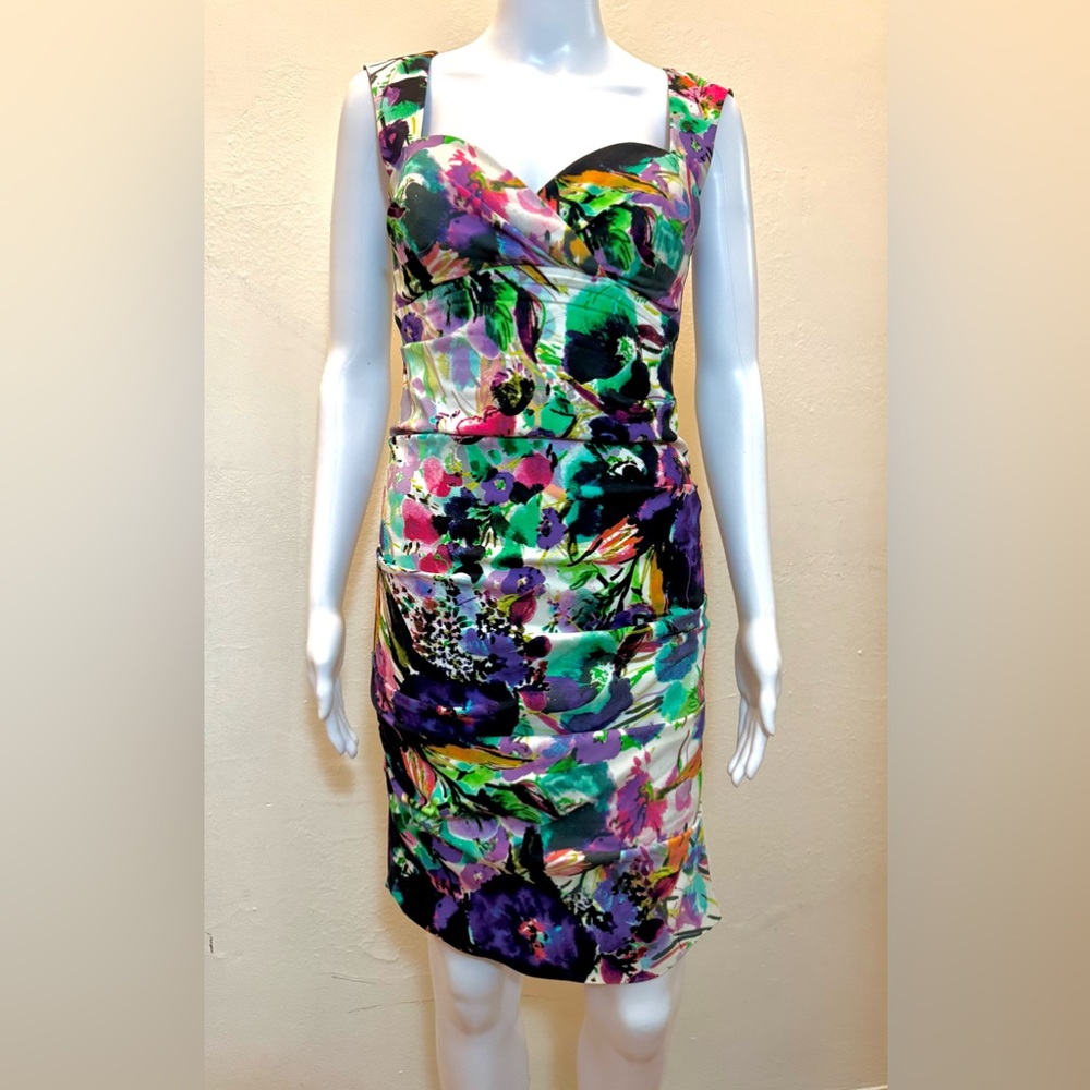 Nicole Miller Artelier Sleeveless Floral Print Sheath Ruched Dress – Size 2